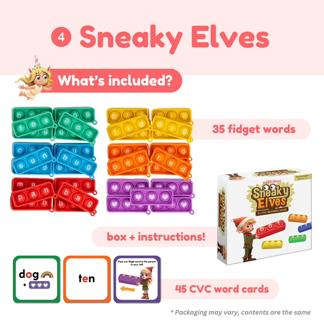 Product packaging for Sneaky Elves fidget toys with colorful compartments and word cards.