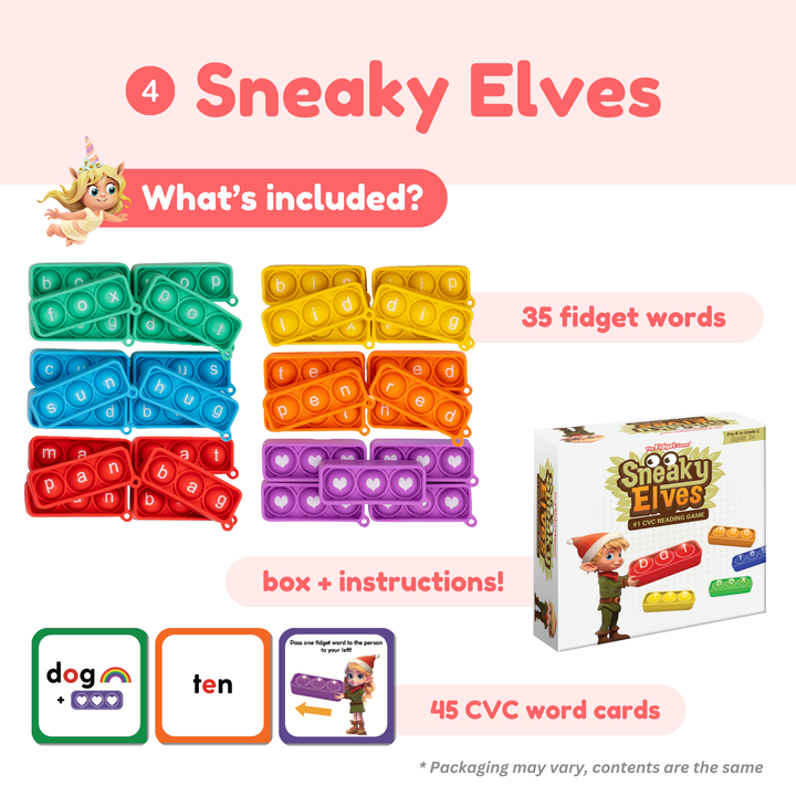 Product packaging for Sneaky Elves fidget toys with colorful compartments and word cards.