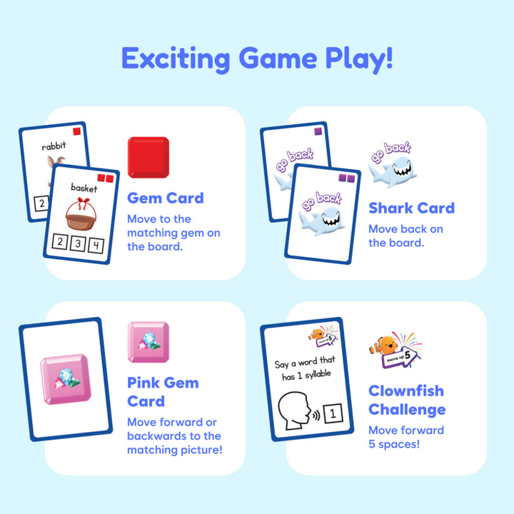 Educational game cards with illustrations and text on a light blue background.