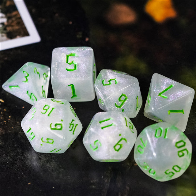 Glitter Party White Glitter Dice (Green font) 7-Dice Set RPG DND