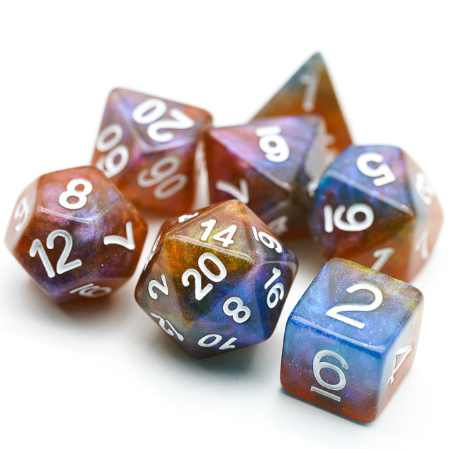Brown & Blue w/white Galaxy Glitter 7-Dice Set RPG