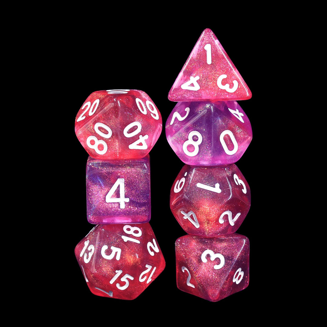 Carbon Stars Pink/Purple Glitter 7-Dice Set by HendgaDice