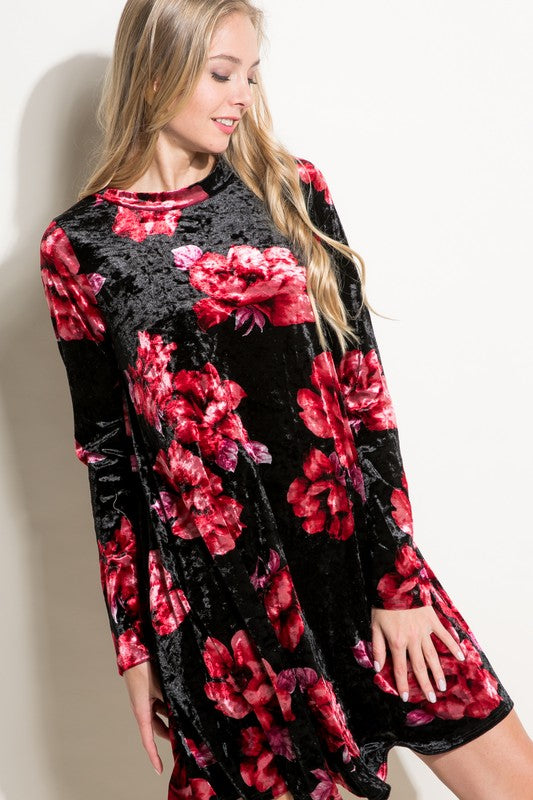 Floral Print Velvet Swing Mini Dress