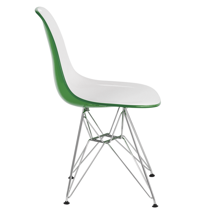 LeisureMod Cresco Molded 2-Tone Eiffel Side Chair in White Green Side View.
