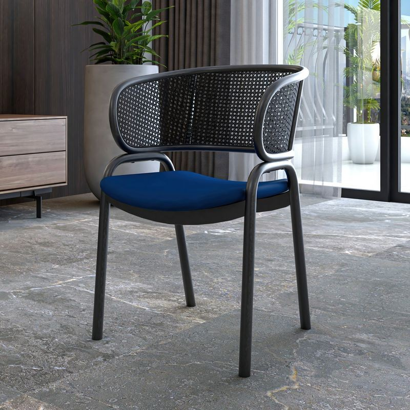 LeisureMod Ervilla Dining Armchair in Black Steel Frame with Black Wicker Back and Navy Blue Seat with Background.