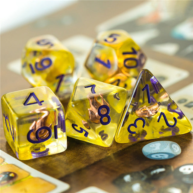 Sorcerer (Fire) Clear Yellow Dice Purple w/ Golden Fire 7-Dice Set Rpg