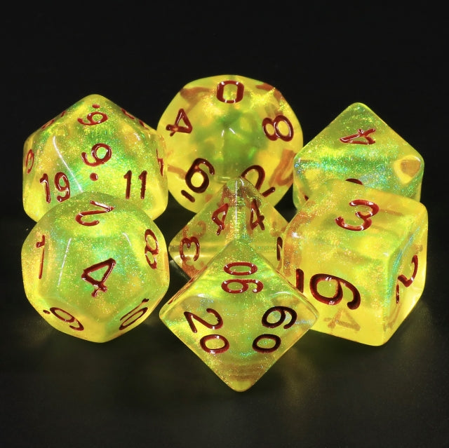 Lemon Yellow Glitter with Red Numbering 7-Dice Set RPG