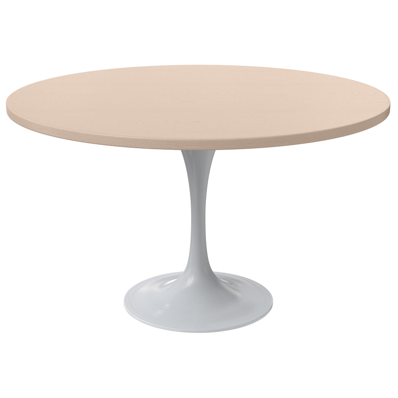 LeisureMod Verve Collection 48 Round Dining Table, White Base with Light Natural Wood MDF Top