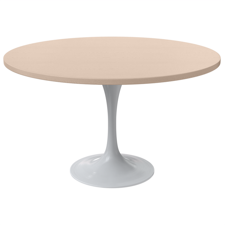 LeisureMod Verve Collection 48 Round Dining Table, White Base with Light Natural Wood MDF Top
