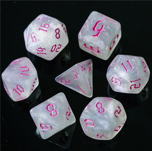 Glitter Party White Glitter Dice (Pink font) 7-Dice Set RPG DND