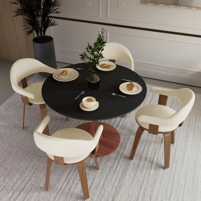 LeisureMod Bristol 40" Round Dining Table Wood Transfer Cherry Base with MDF Black Top with Chairs.