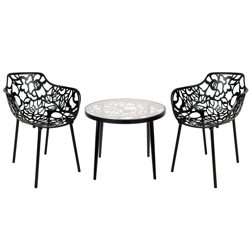 LeisureMod Devon Mid-Century Modern 3-Piece Aluminum Outdoor Patio Dining Set with Tempered Glass Top Table and 2 Stackable Flower Design Armchair Black