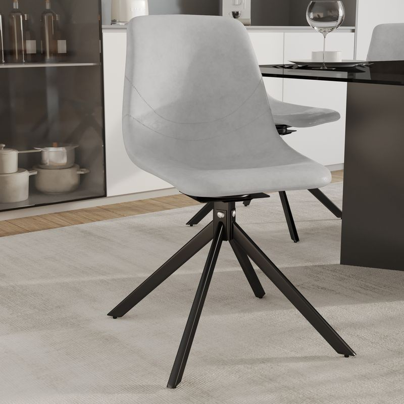 LeisureMod Markley Modern Leather Swivel Dining Chair with Metal Legs in Light Grey with Background.