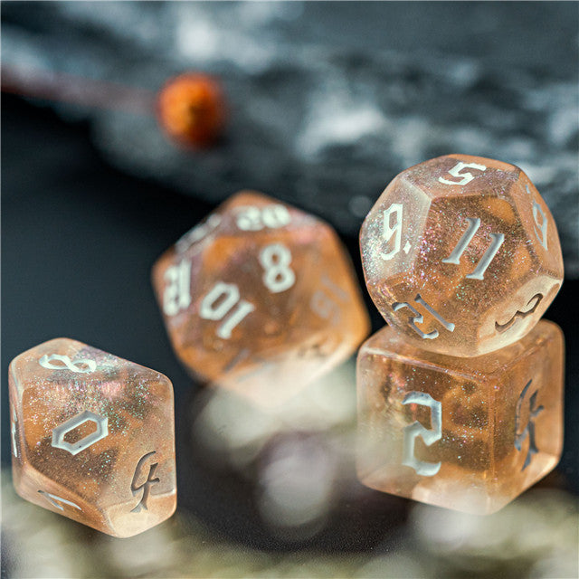 Peach Glitter Party Glitter Dice (White font) 7-Dice Set RPG DND