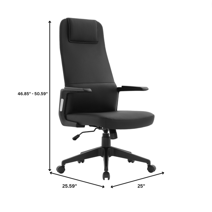 Black office chair with dimensions indicated on a white background.