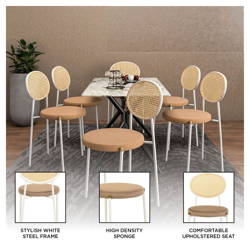 Dining table set with chairs featuring stylish white steel frame, high-density sponge, and comfortable upholstered seat.