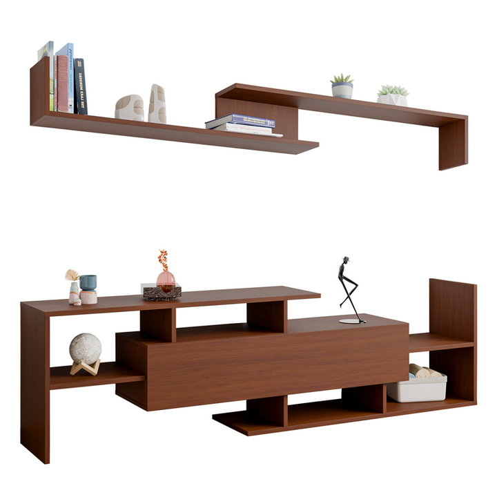 LeisureMod Surrey Modern TV Stand with MDF Shelves and Bookcase in Walnut Angled View.