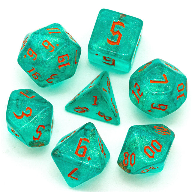 Blue/Teal Glitter Party Dice (Red/Orange font) 7-Dice Set RPG DND