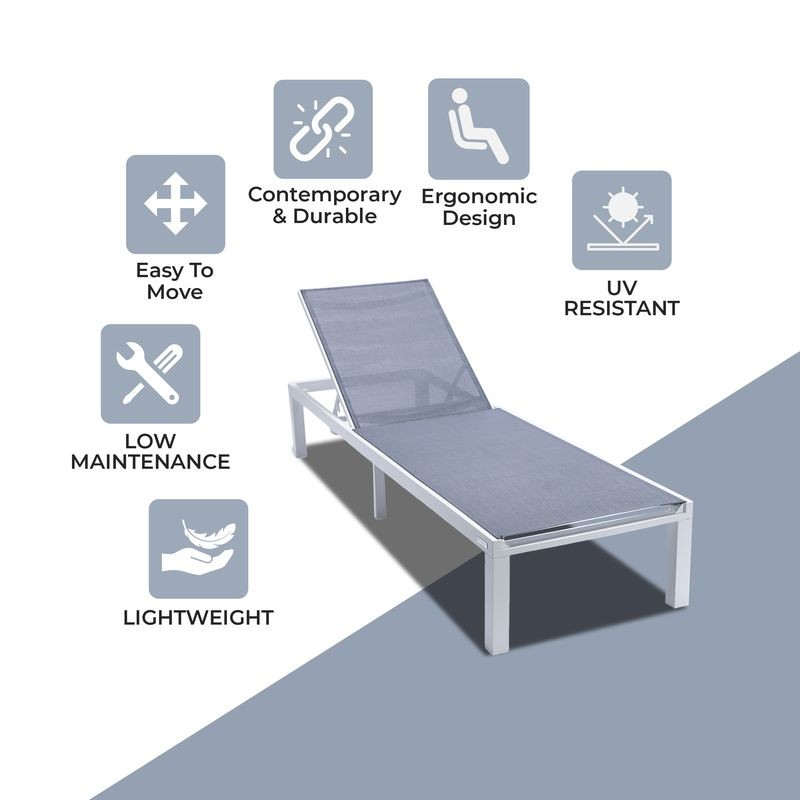 LeisureMod Marlin Patio Chaise Lounge Chair with White Aluminum Frame Dark Grey Description.