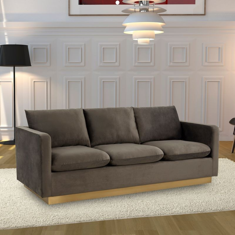 LeisureMod Nervo Modern Mid-Century Upholstered Velvet Sofa with Gold Frame Dark Grey with Background.
