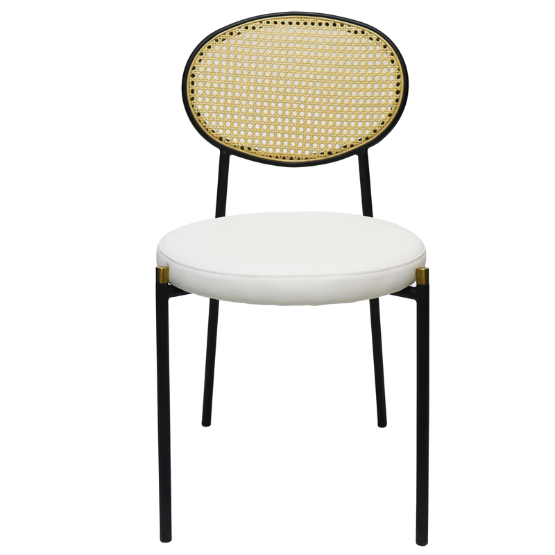 Chair with white cushioned seat and woven backrest on a white background.