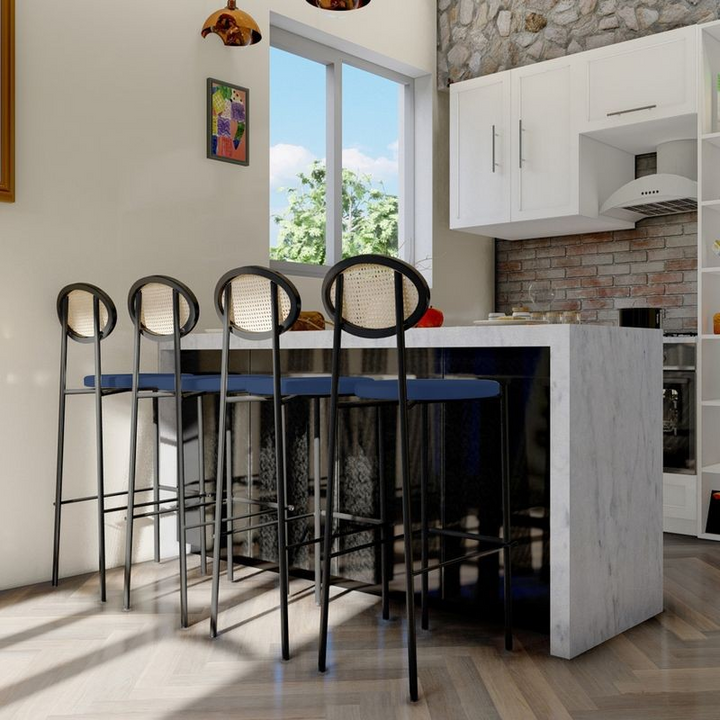 LeisureMod Euston Modern Wicker Bar Stool with Black Steel Frame in Navy Blue at Bar.