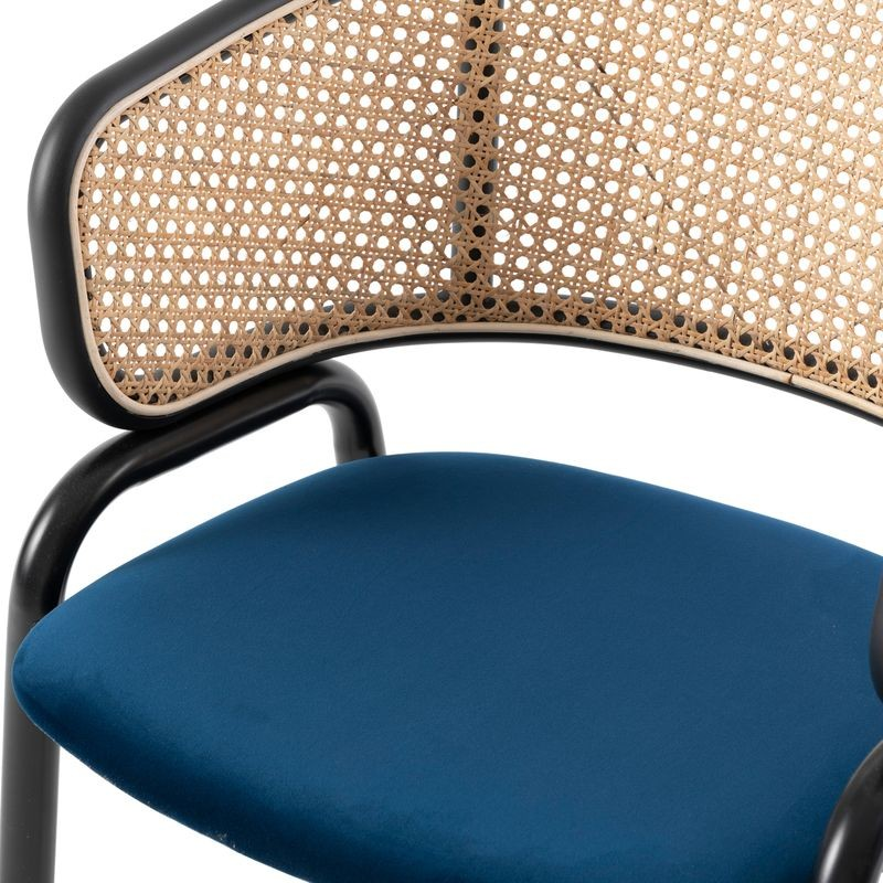 Leisuremod Ervilla Modern Dining Chair with Stainless Steel Legs Velvet Seat and Wicker Back Navy Blue Closeup.