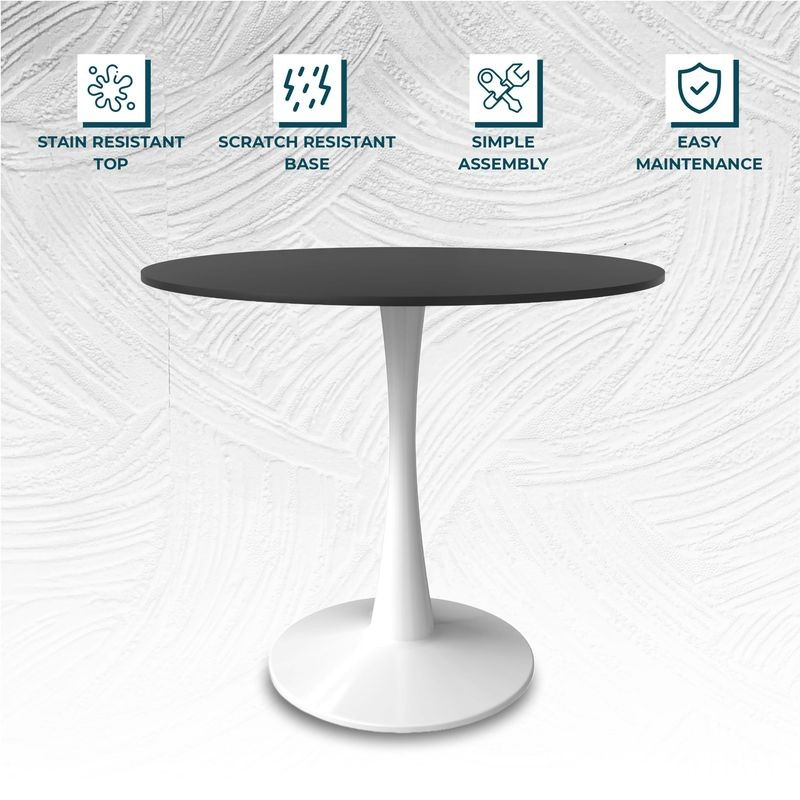LeisureMod Bristol, 40" Round Dining Table in White Base with Blacktop Details.
