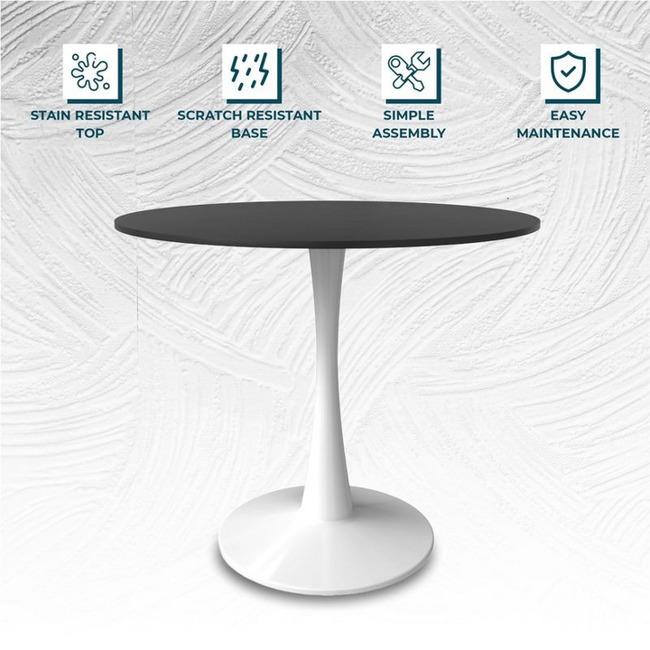 LeisureMod Bristol, 40" Round Dining Table in White Base with Blacktop Details.