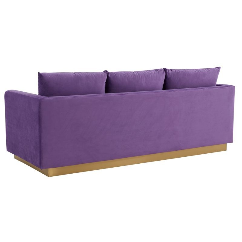 LeisureMod Nervo Modern Mid-Century Upholstered Velvet Sofa with Gold Frame Purple Back View.