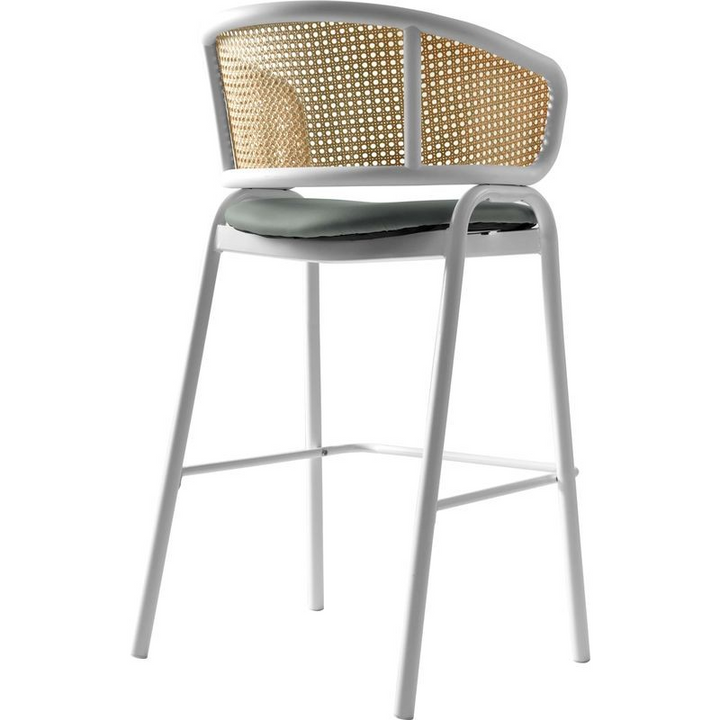 LeisureMod Ervilla Wicker Bar Stool with Fabric Seat and White Steel Frame in Grey Leather Back View.