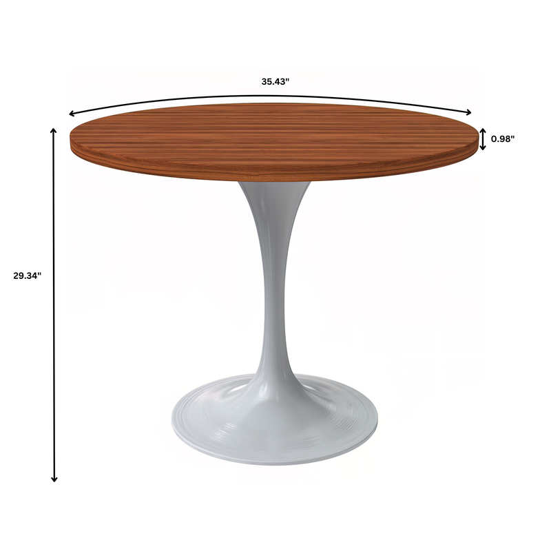 LeisureMod Verve Collection 36 Round Dining Table, White Base with Cognac Brown MDF Top Dimensions.
