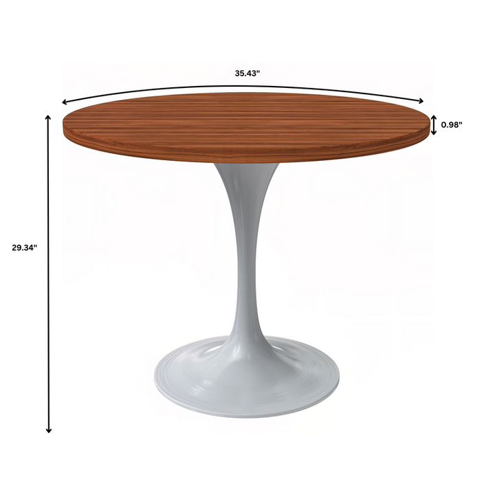 LeisureMod Verve Collection 36 Round Dining Table, White Base with Cognac Brown MDF Top Dimensions.