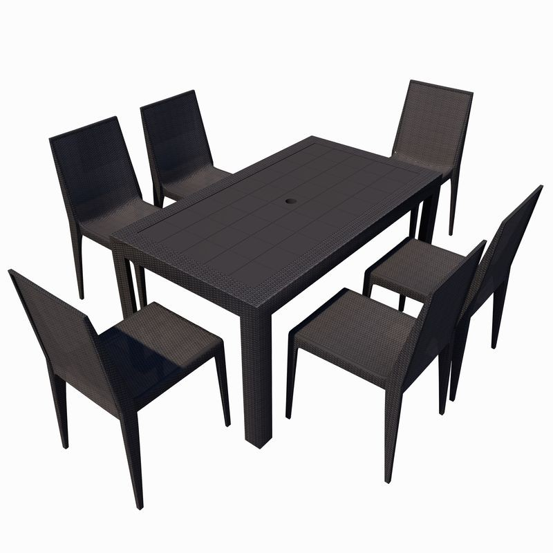LeisureMod Mace 7-Piece Outdoor Dining Set with Rectangular Table and Stackable Chairs Black