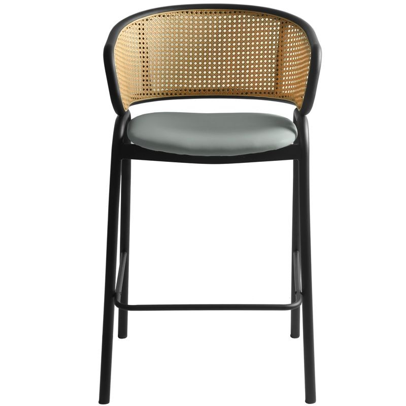 LeisureMod Ervilla Wicker Bar Stool with Fabric Seat and Black Steel Frame in Grey Leather Front View.