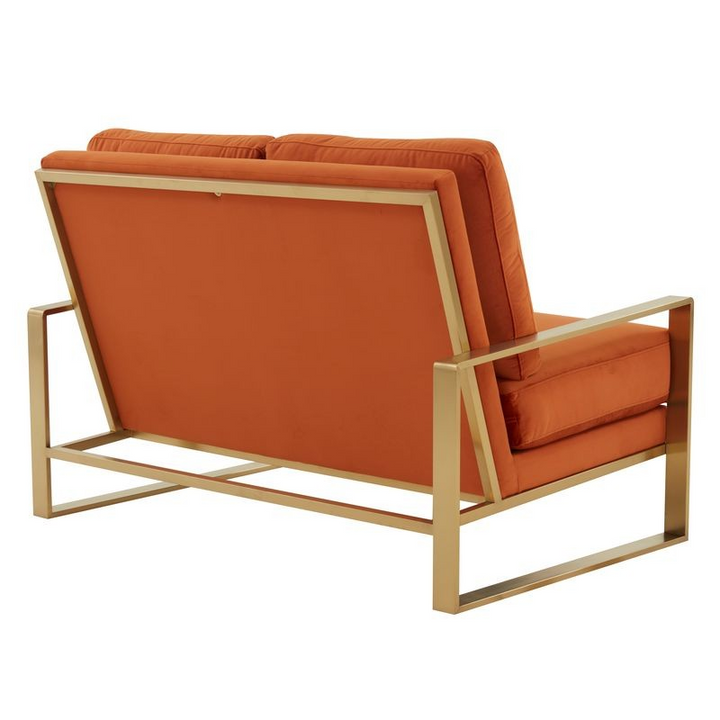 Leisuremod Jefferson Contemporary Modern Velvet Loveseat with Gold Frame Orange Back View.