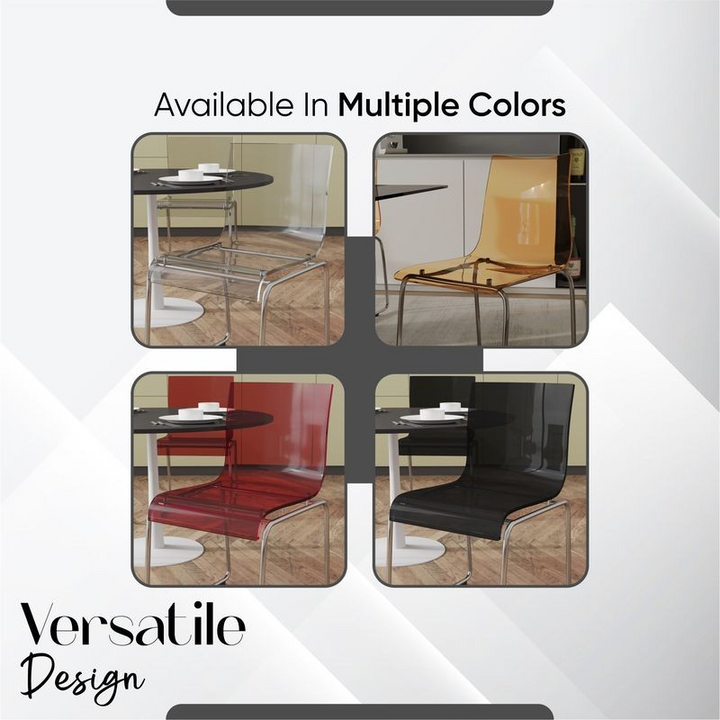 Four different colored chairs displayed with text indicating availability in multiple colors and versatile design.