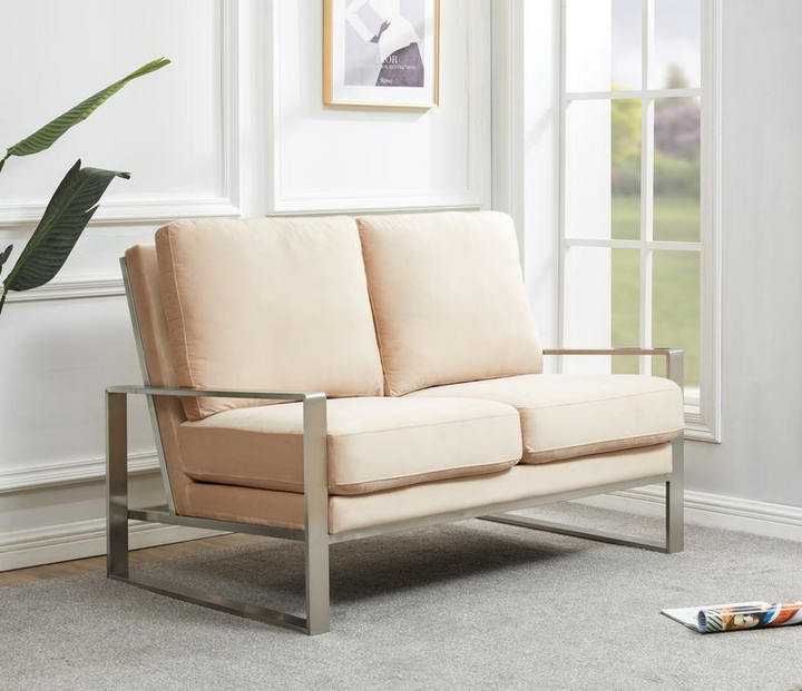 Leisuremod Jefferson Contemporary Modern Velvet Loveseat with Silver Frame Beige with Background.