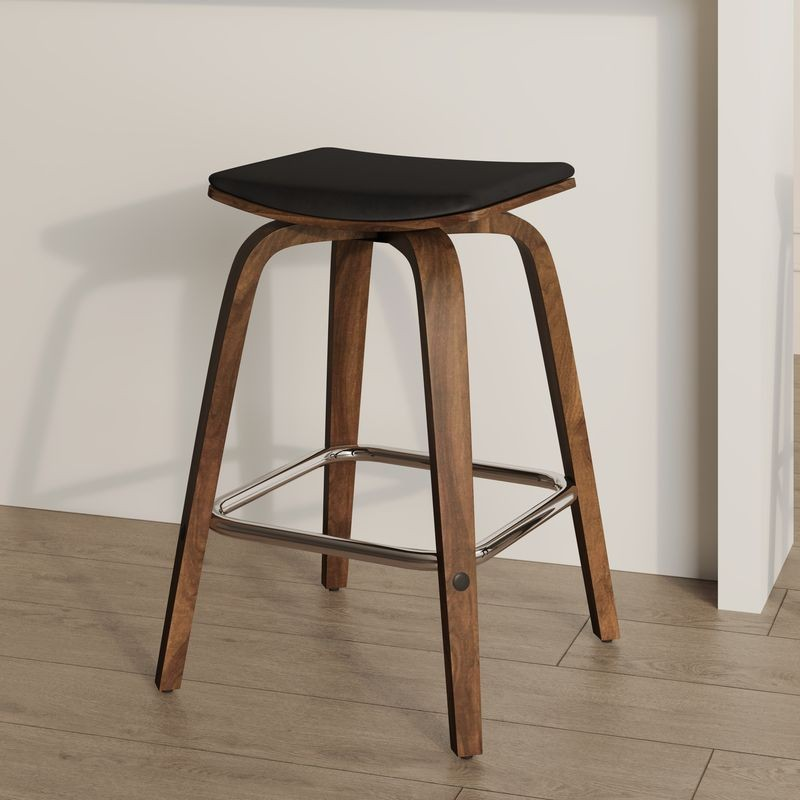 LeisureMod Wooden Counter Stool Square Seat Pelya Collection Modern Style Walnut Color in Black in Room.