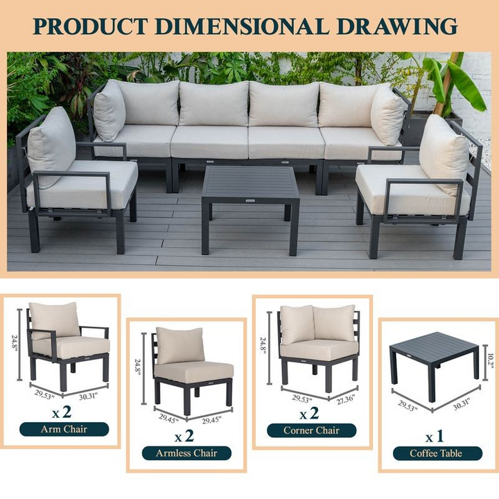 LeisureMod Chelsea 7-Piece Patio Sectional and Coffee Table Set Black Aluminum with Cushions Beige Descriptions.