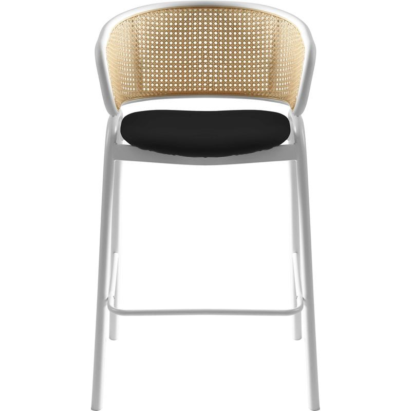 LeisureMod Ervilla Wicker Bar Stool with Fabric Seat and White Steel Frame in Black Leather Closeup. Front View.