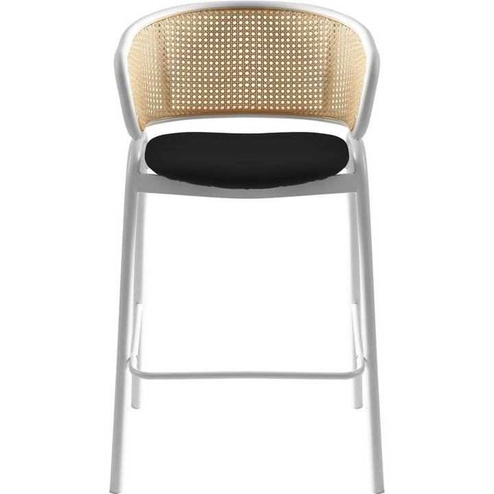 LeisureMod Ervilla Wicker Bar Stool with Fabric Seat and White Steel Frame in Black Leather Closeup. Front View.