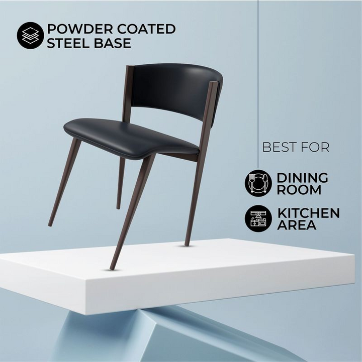 Black chair with powder-coated steel base on a light blue background.