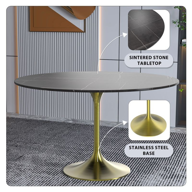 LeisureMod Verve Collection 48 Round Dining Table, Brushed Gold Base with Sintered Stone Black Top Description.