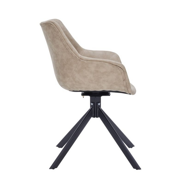 LeisureMod Markley Modern Leather Dining Swivel Armchair in Taupe Side View.