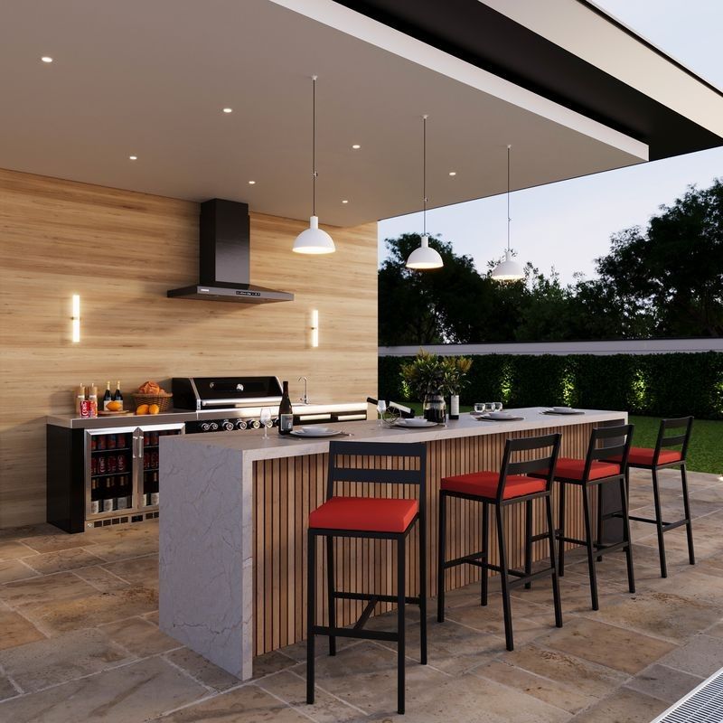 LeisureMod Chelsea Collection Modern Aluminum Outdoor Bar Chair in Black with Cherry Cushions Lined Up.
