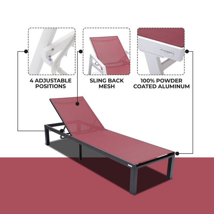 LeisureMod Marlin Patio Chaise Lounge Chair with Black Aluminum Frame Burgundy Details.
