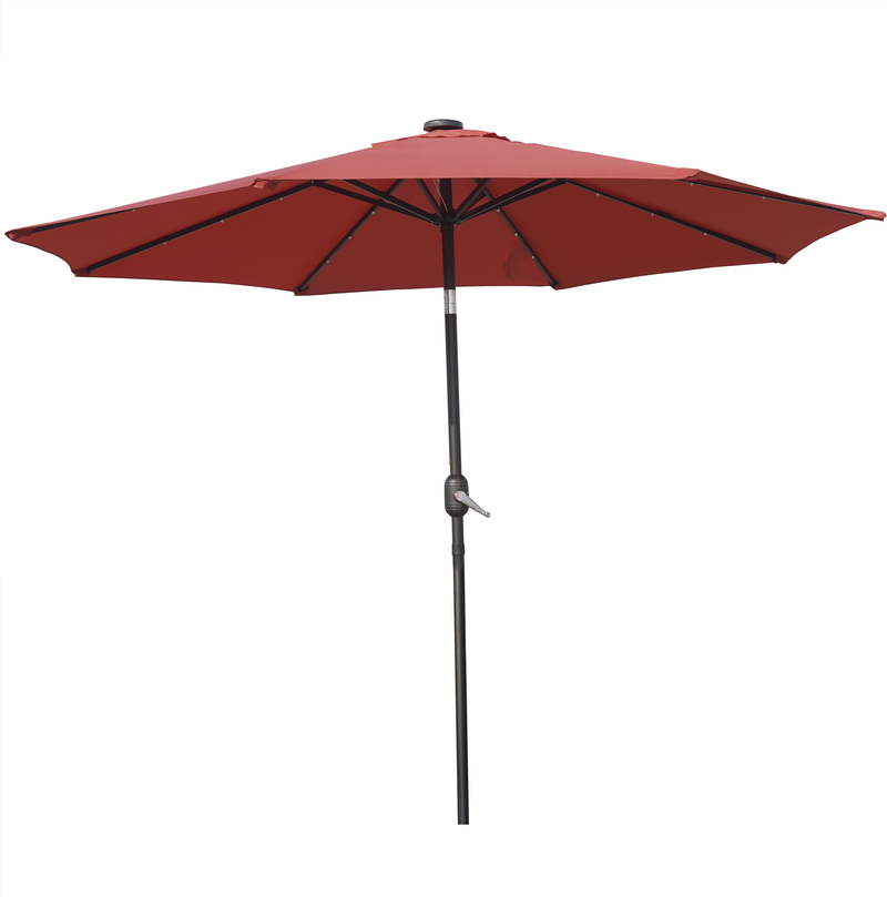 LeisureMod Sierra 9' Outdoor Patio Tilt Market Umbrella with Solar LED Lights Red