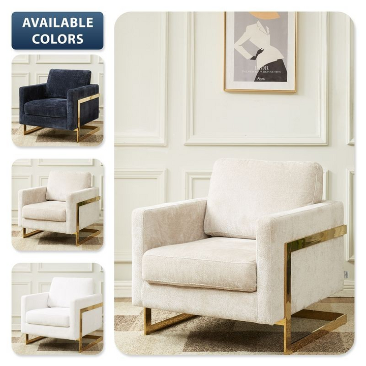 LeisureMod Lincoln Boucle Fabric Accent Armchair with Gold Stainless Steel Frame and Removable Back Cushion in Colors