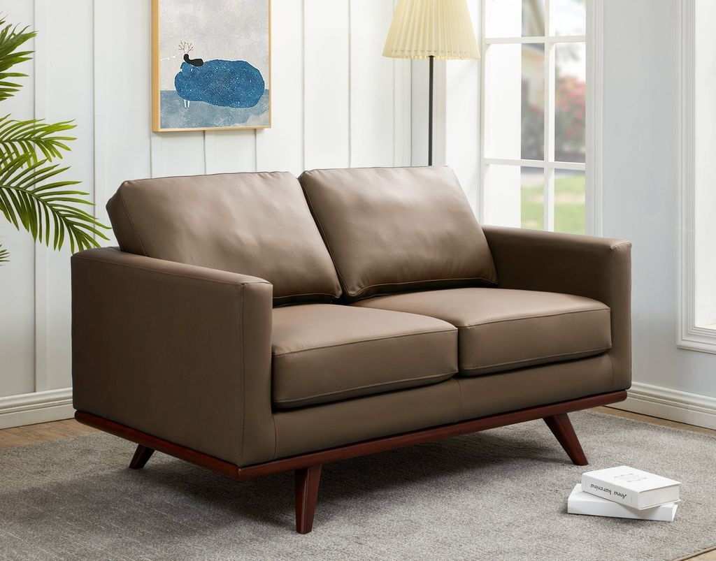 LeisureMod Chester Modern Faux Leather Loveseat in Taupe Leather with Background.